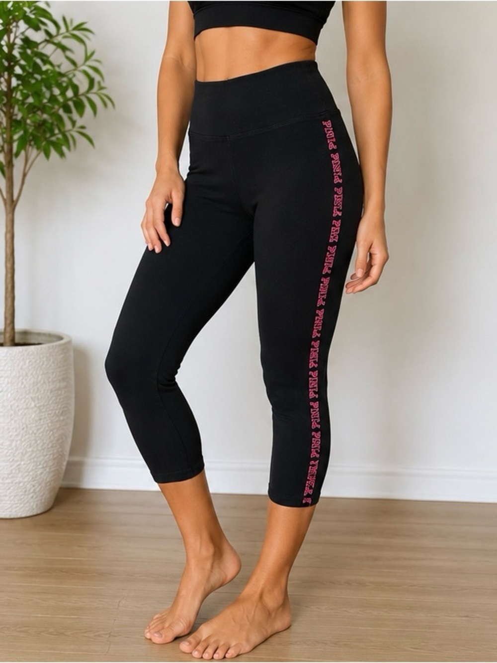 PINK Victoria’s Secret Black Cropped Leggings Pink Side Logo XL